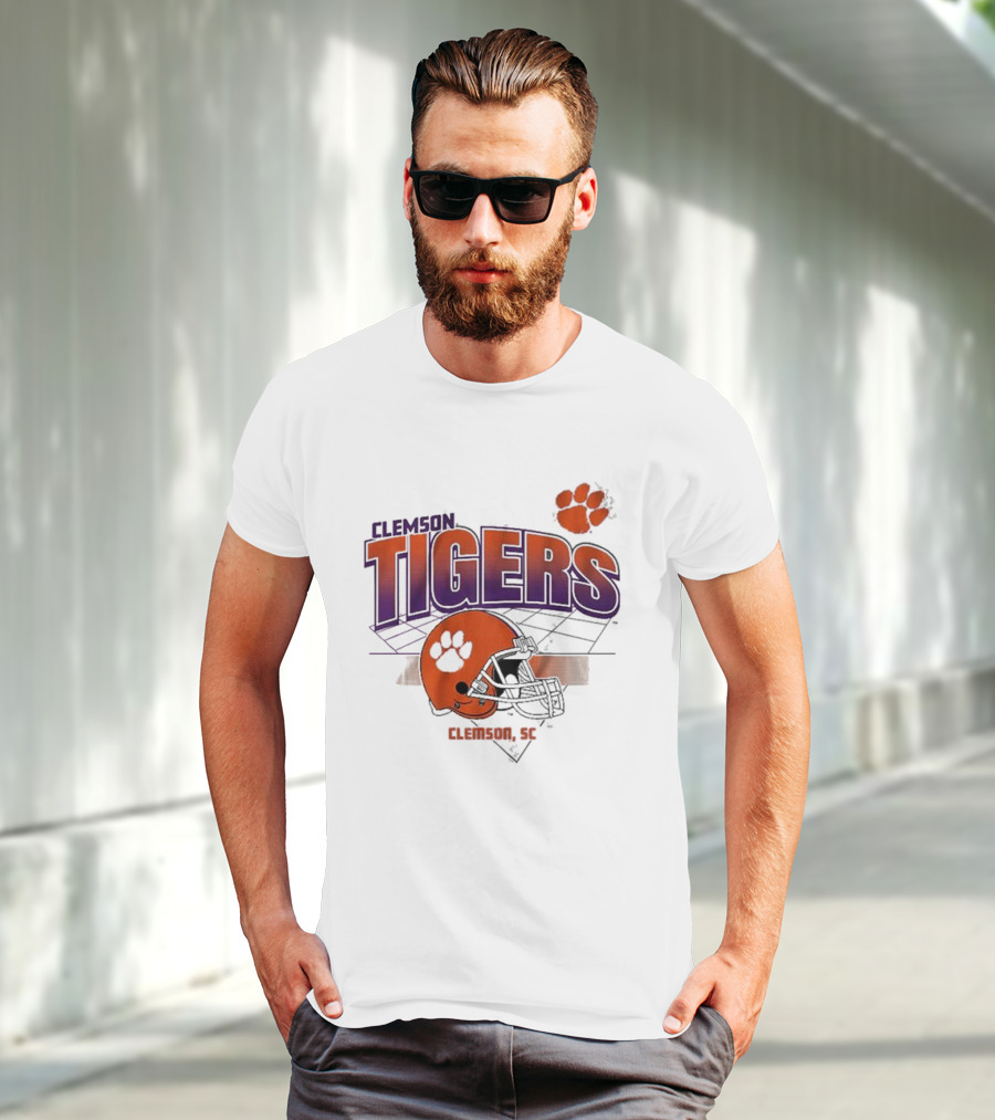 Clemson Tigers Football Helmet Logo Clemson SC Grid Paw Prints T-Shirt