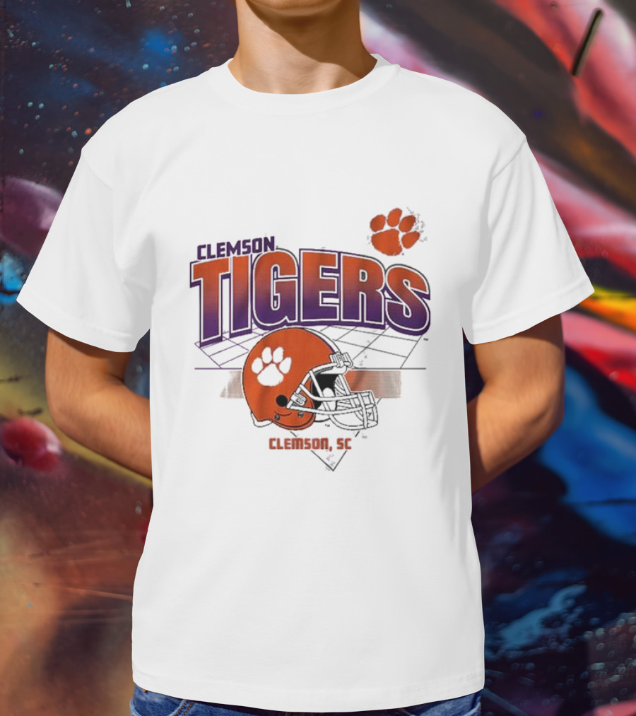 Clemson Tigers Football Helmet Logo Clemson SC Grid Paw Prints T-Shirt