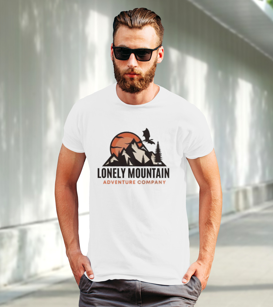 Lonely Mountain Adventure Company Dragon And Sunset Mountain Scene T-Shirt