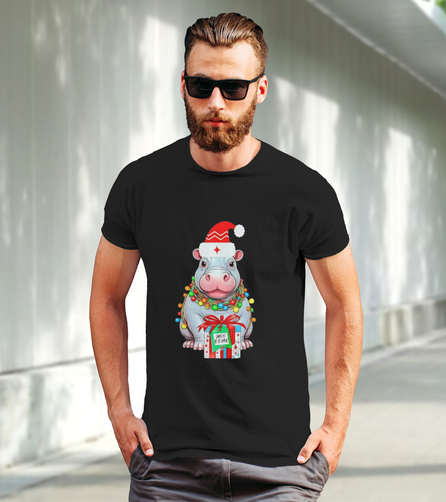 Moo Deng Merry Christmas Lights Tree Santa Hippo With Gift T-Shirt