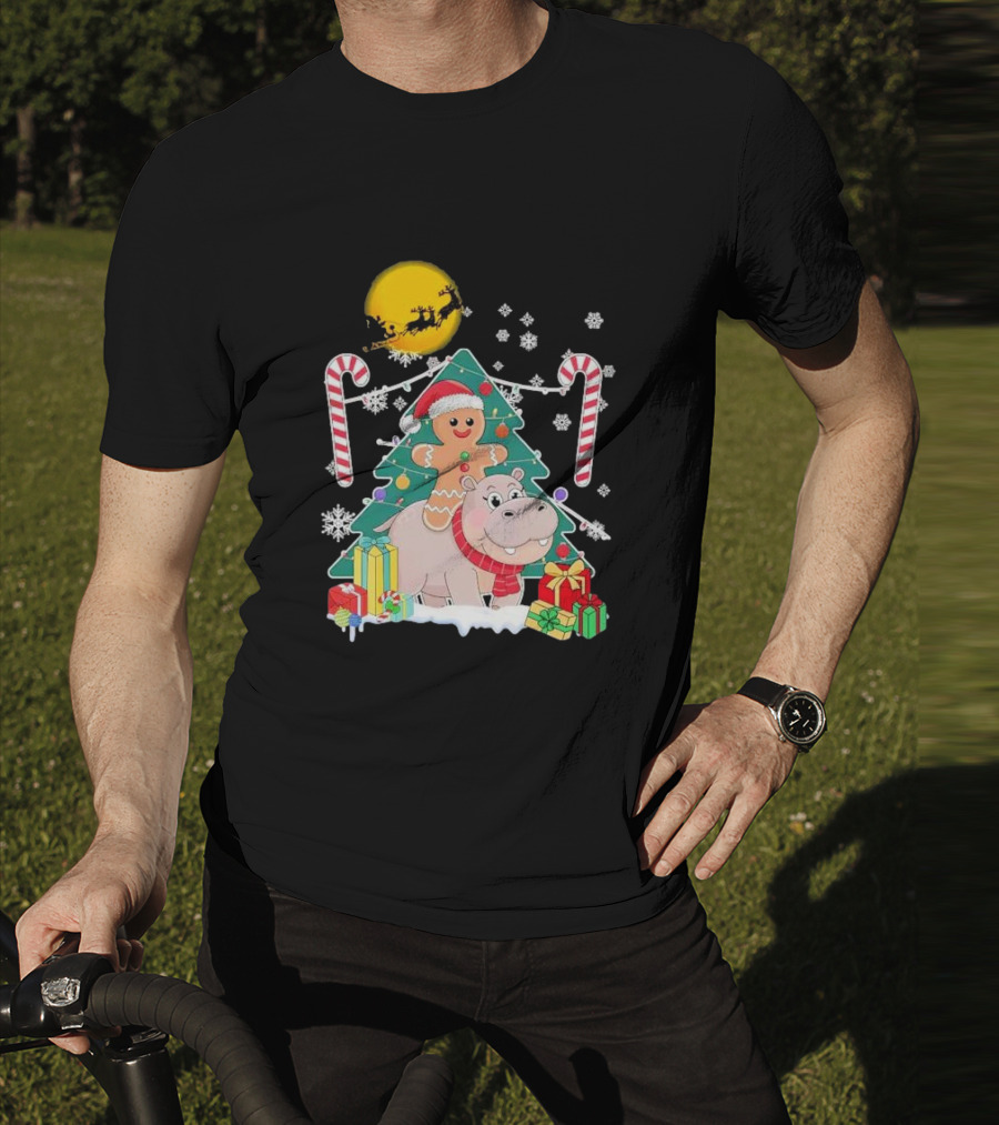 Santa Gingerbread Riding Hippo Christmas Candy Canes Snowflake Christmas Tree T-Shirt