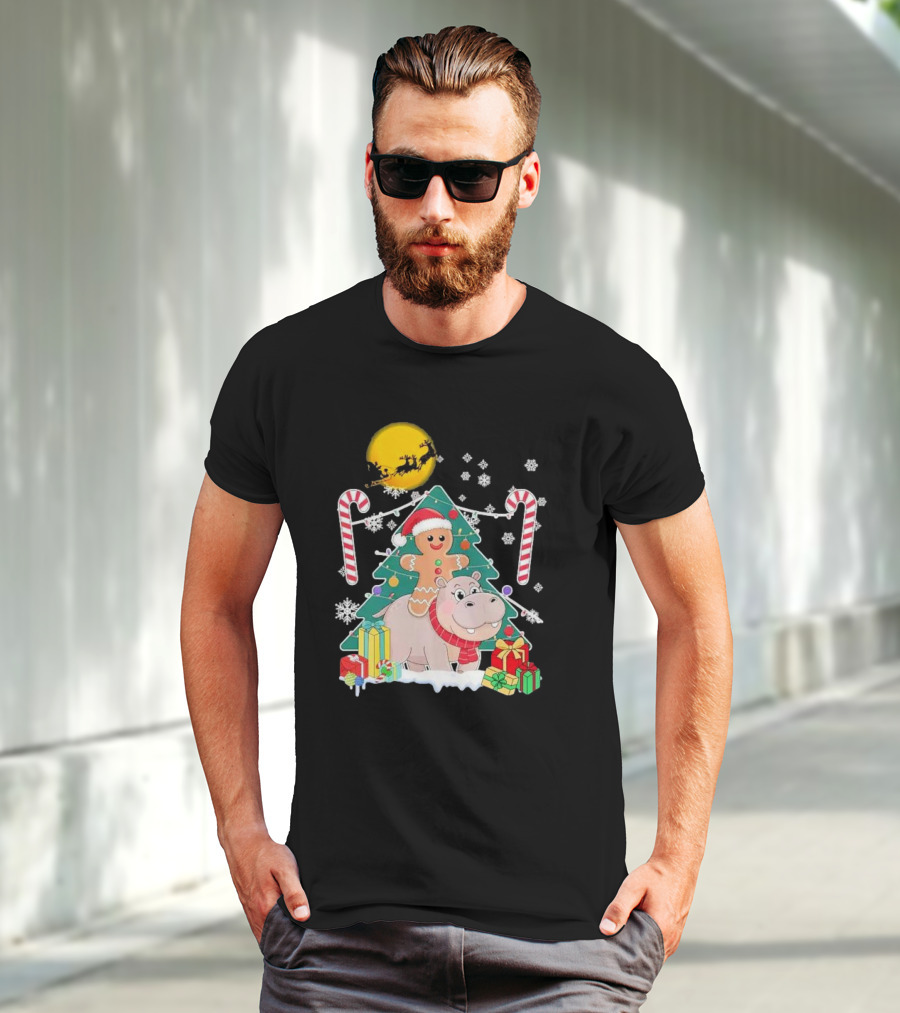 Santa Gingerbread Riding Hippo Christmas Candy Canes Snowflake Christmas Tree T-Shirt