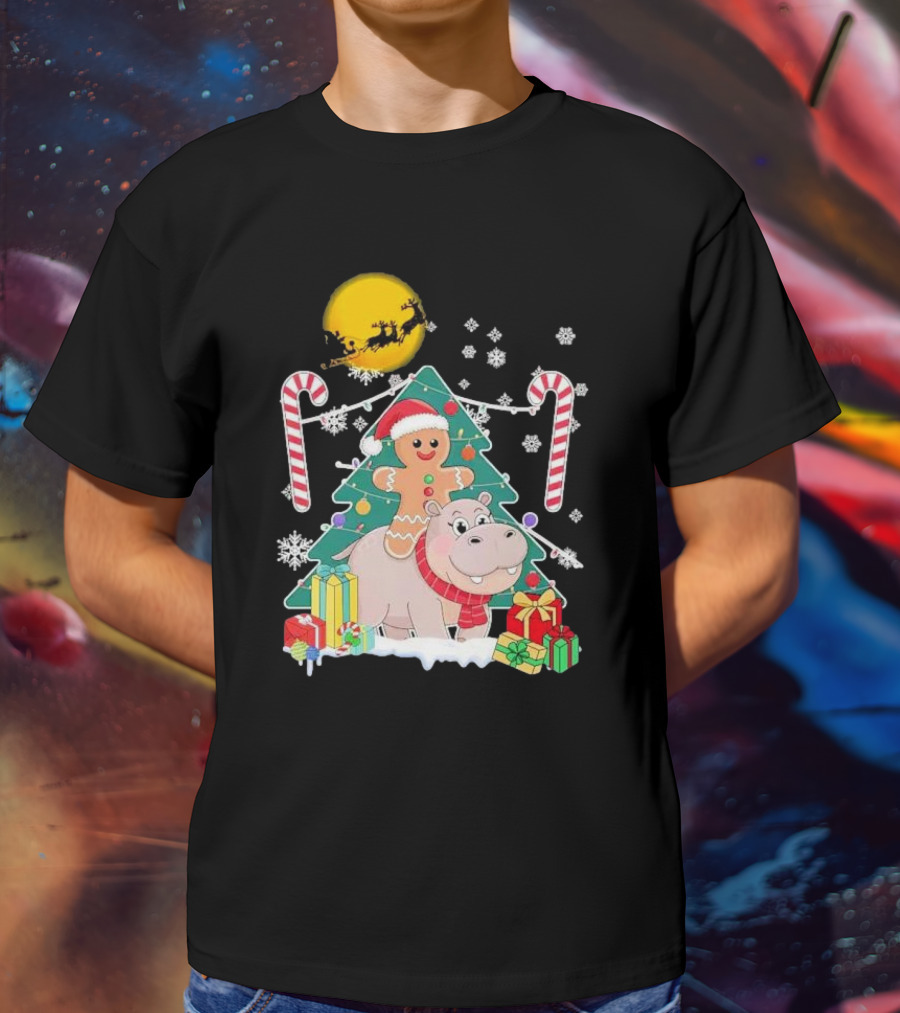 Santa Gingerbread Riding Hippo Christmas Candy Canes Snowflake Christmas Tree T-Shirt