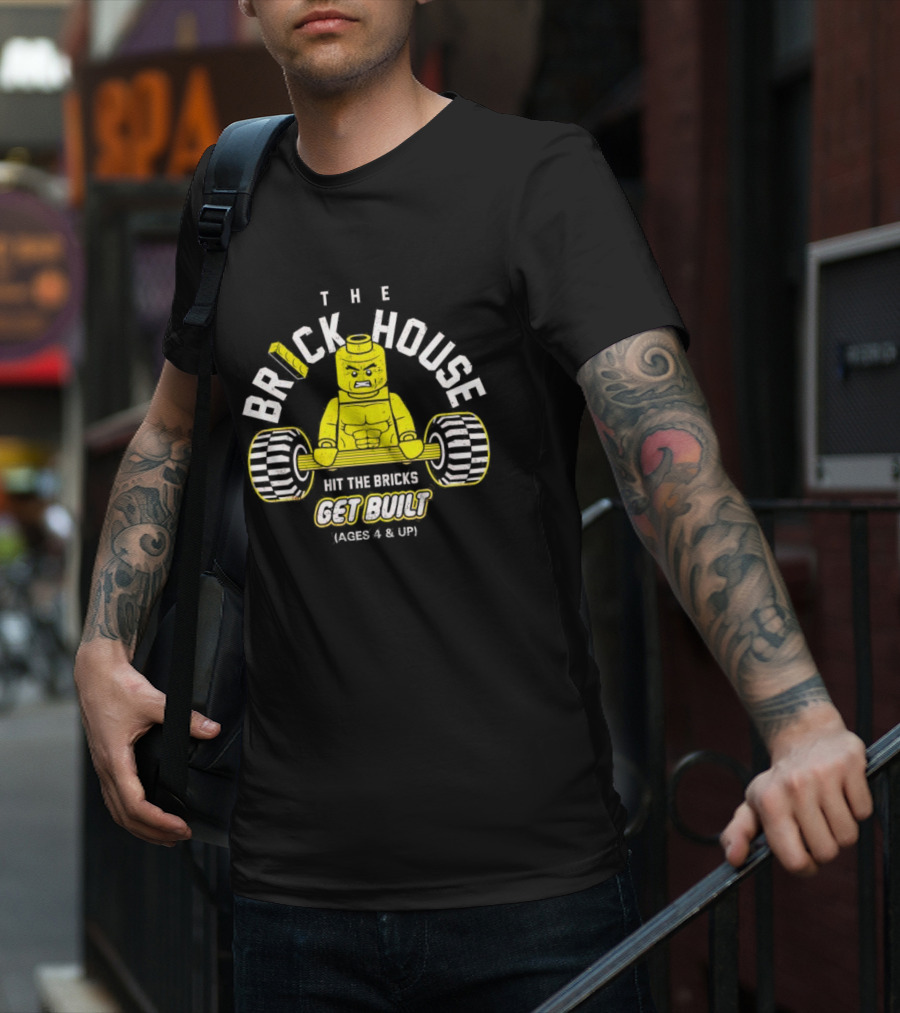 The Brick House Hit The Bricks Get Built Ages 4 And Up Yellow Lego Weightlifter T-Shirt