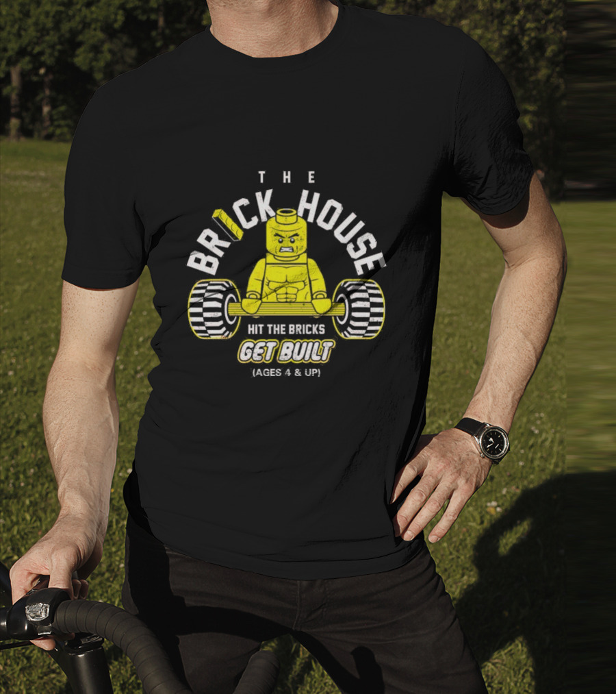 The Brick House Hit The Bricks Get Built Ages 4 And Up Yellow Lego Weightlifter T-Shirt