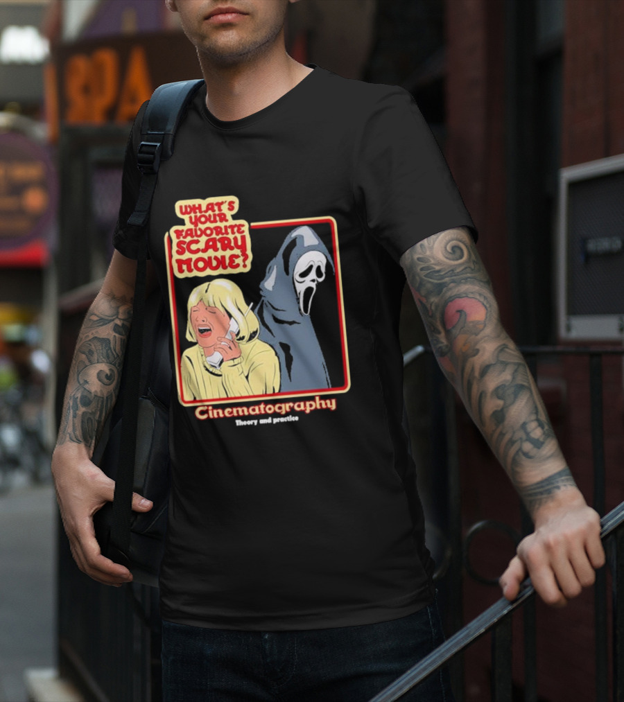 What’s Your Favorite Scary Movie Cinematography Theory And Practice Ghost Mask Girl On Phone T-Shirt
