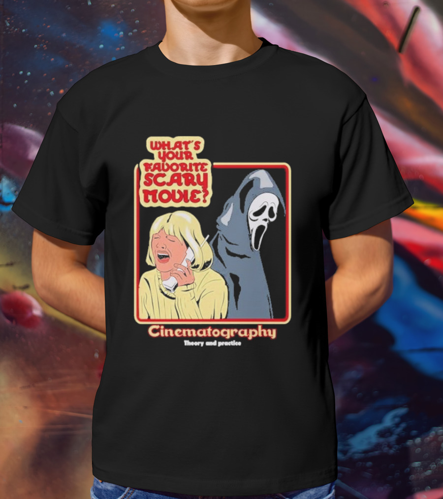What’s Your Favorite Scary Movie Cinematography Theory And Practice Ghost Mask Girl On Phone T-Shirt