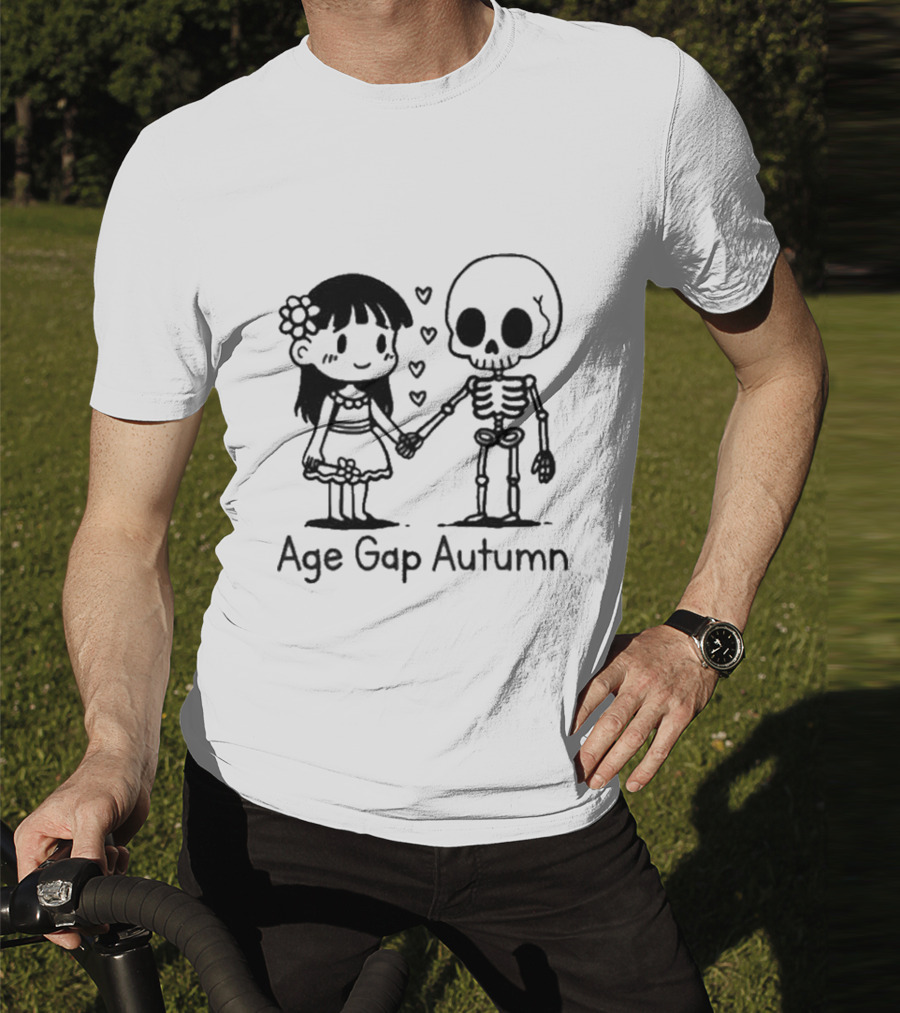 Age Gap Autumn Girl And Skeleton Holding Hands With Hearts T-Shirt