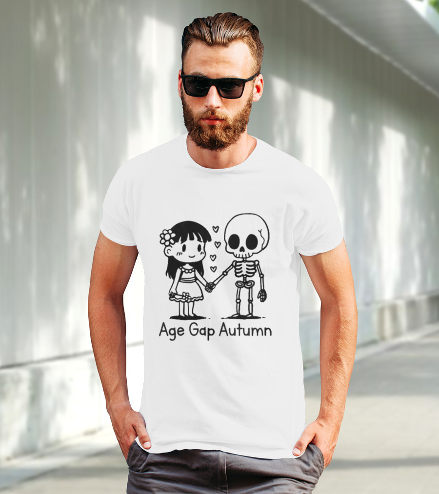 Age Gap Autumn Girl And Skeleton Holding Hands With Hearts T-Shirt