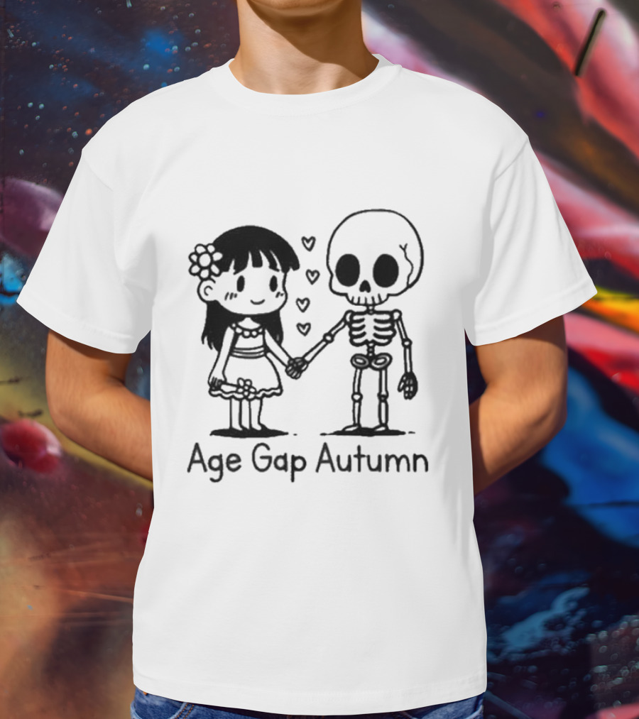 Age Gap Autumn Girl And Skeleton Holding Hands With Hearts T-Shirt