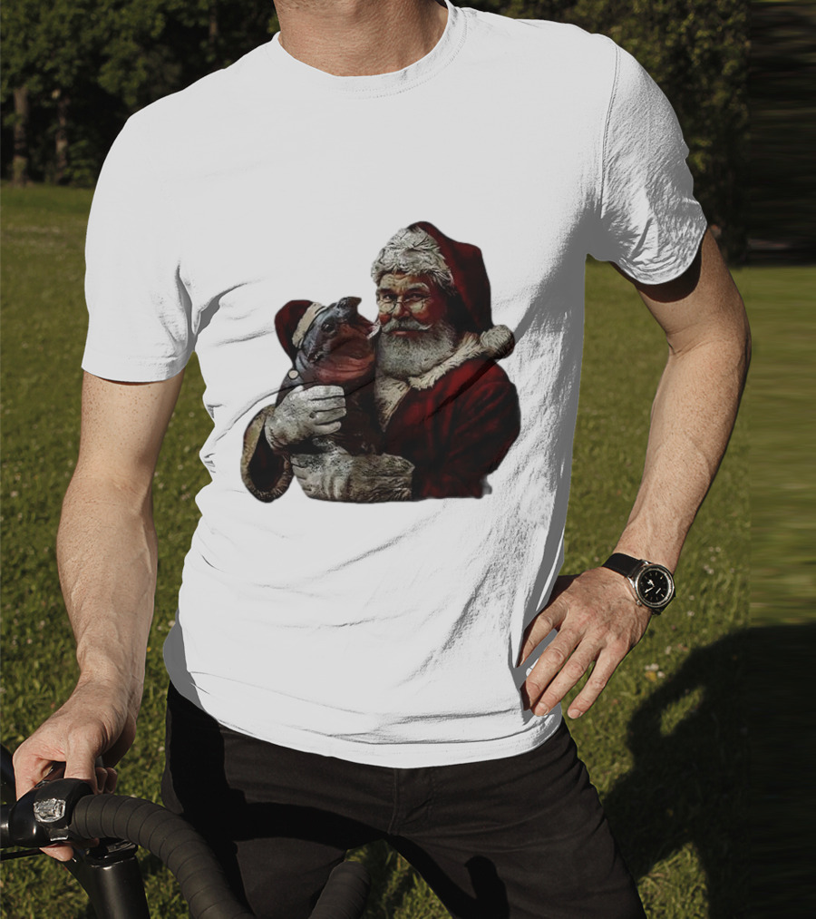 Moo Deng Xmas Funny Christmas Santa Hug Cute Baby Hippo Santa Claus Holiday T-Shirt