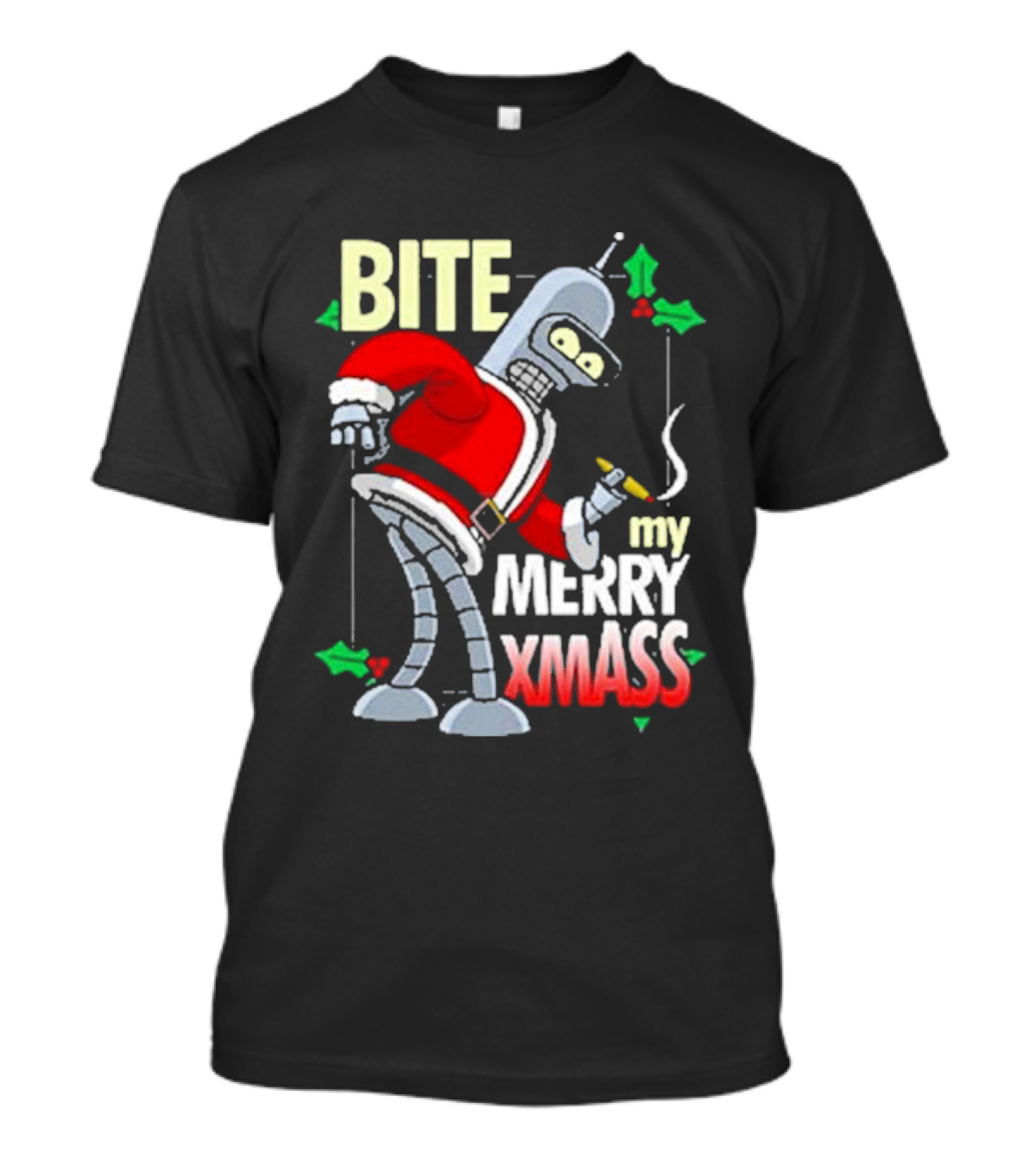 Bite My Merry Xmass Santa Robot Smoking Cigar T-Shirt