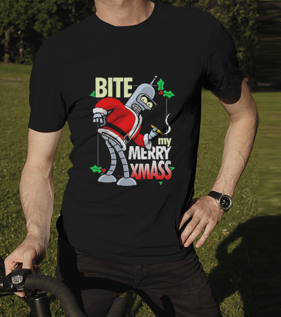 Bite My Merry Xmass Santa Robot Smoking Cigar T-Shirt