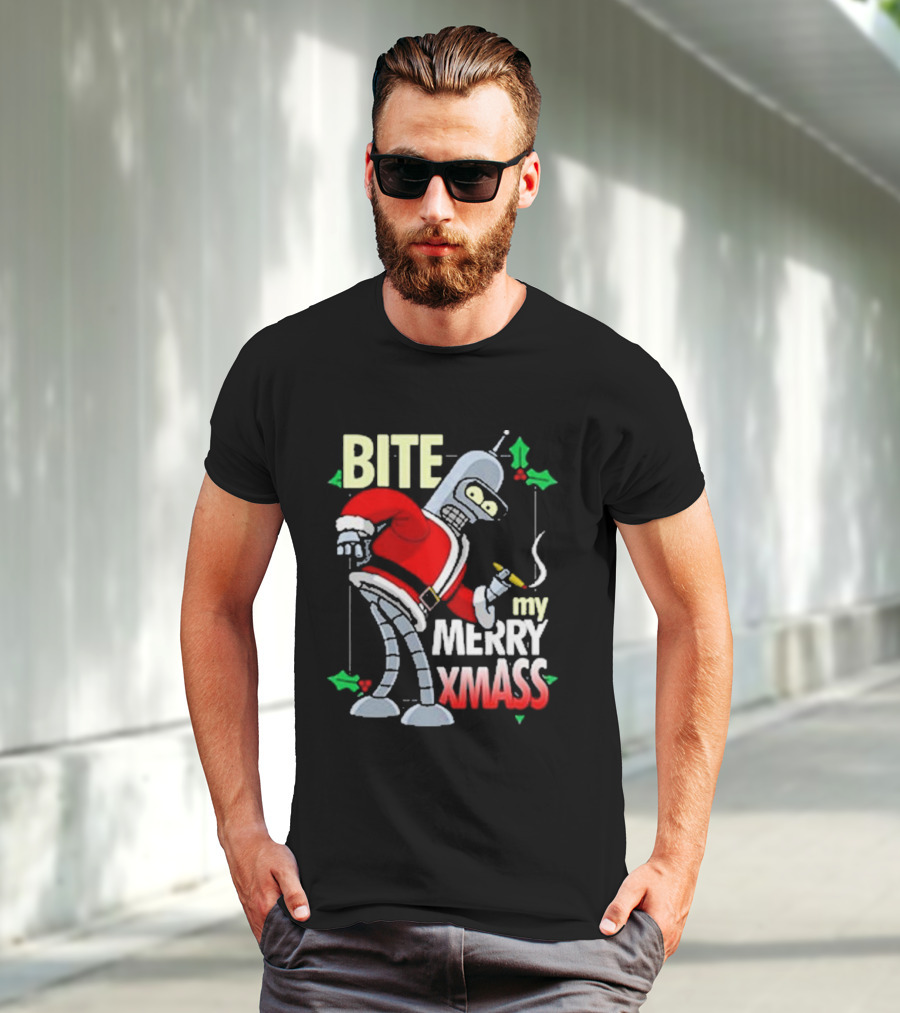 Bite My Merry Xmass Santa Robot Smoking Cigar T-Shirt