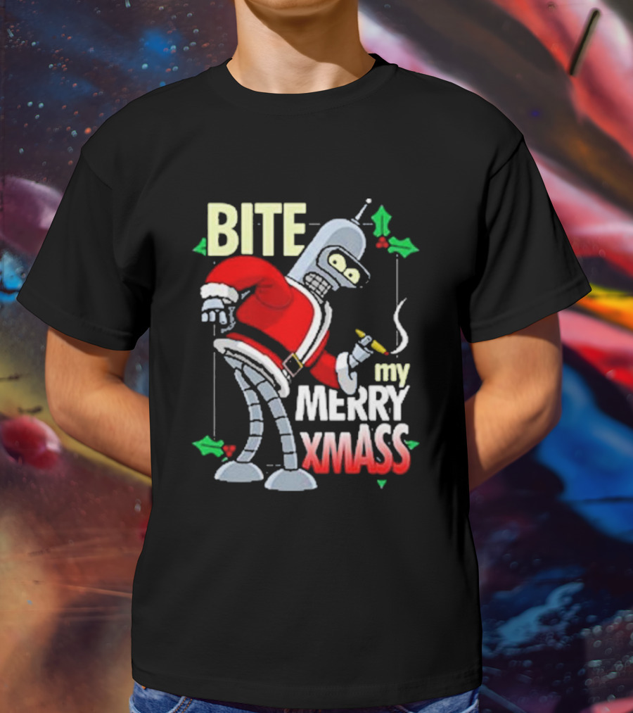 Bite My Merry Xmass Santa Robot Smoking Cigar T-Shirt