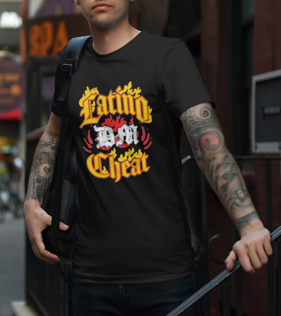 Latino DM Cheat Flames And Gothic Text T-Shirt