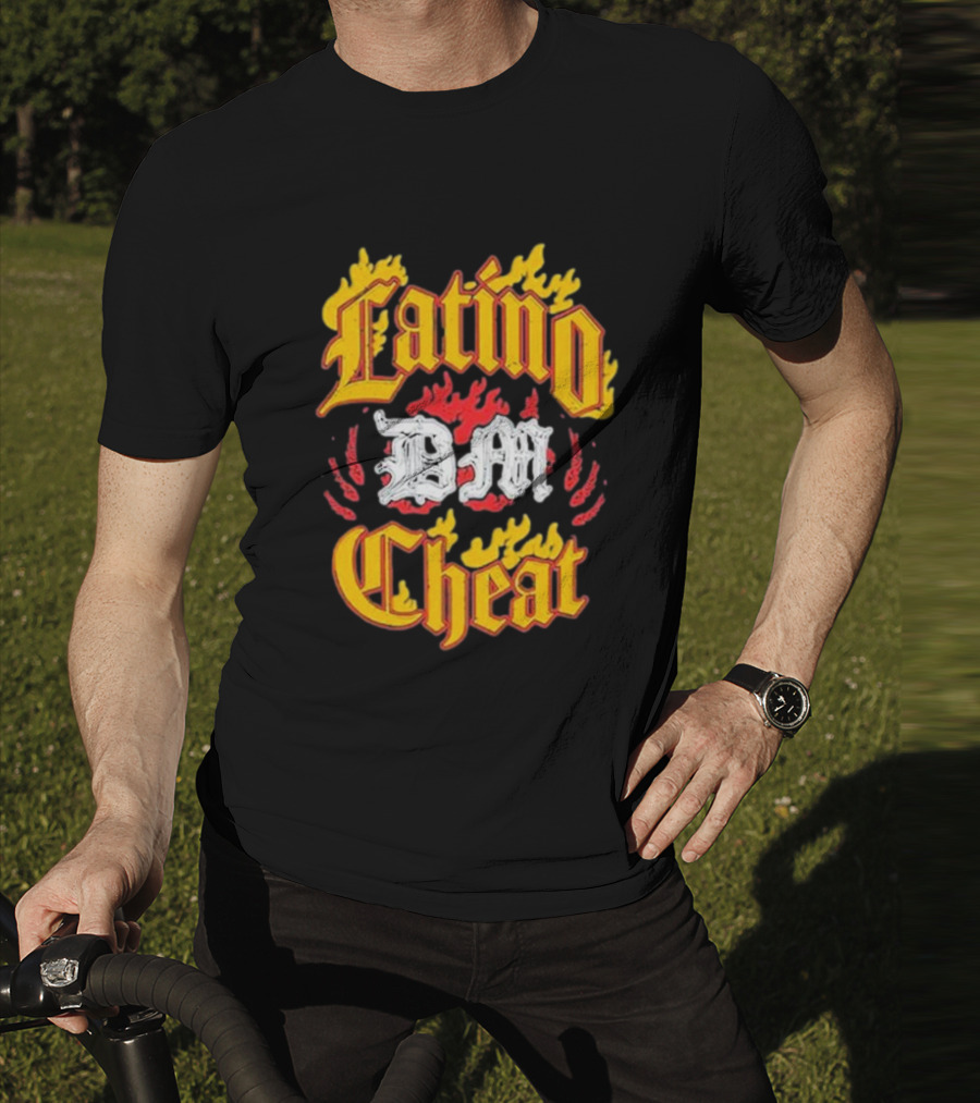 Latino DM Cheat Flames And Gothic Text T-Shirt