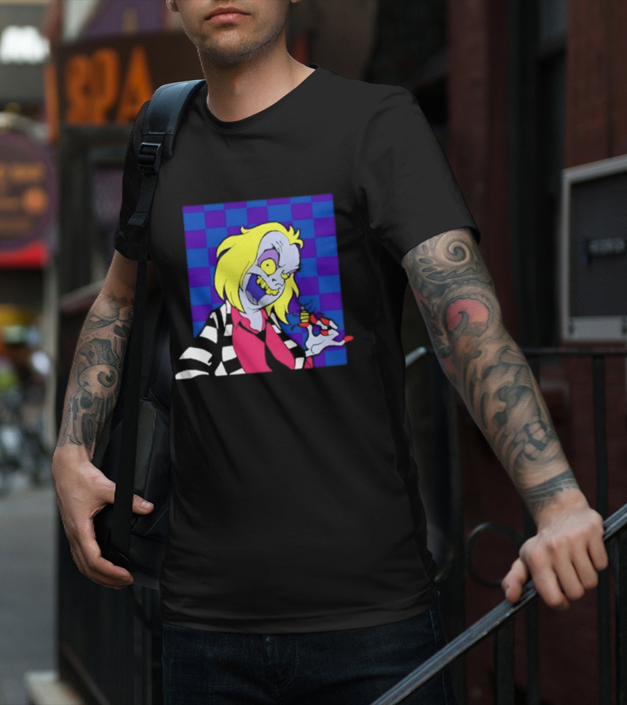 Pan Pizza Beetlejuice Cartoon Checkered Background T-Shirt