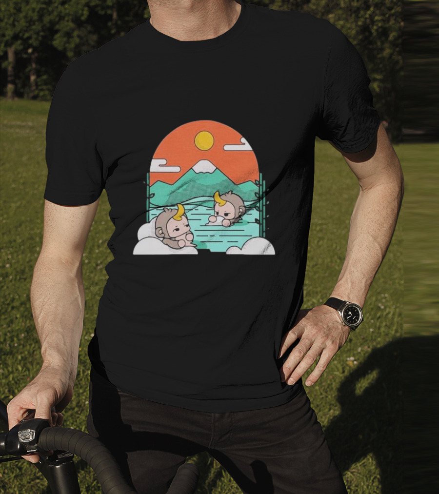 Cdawgva Tranquil Monkeys In Hot Springs With Mountains And Sunset T-Shirt
