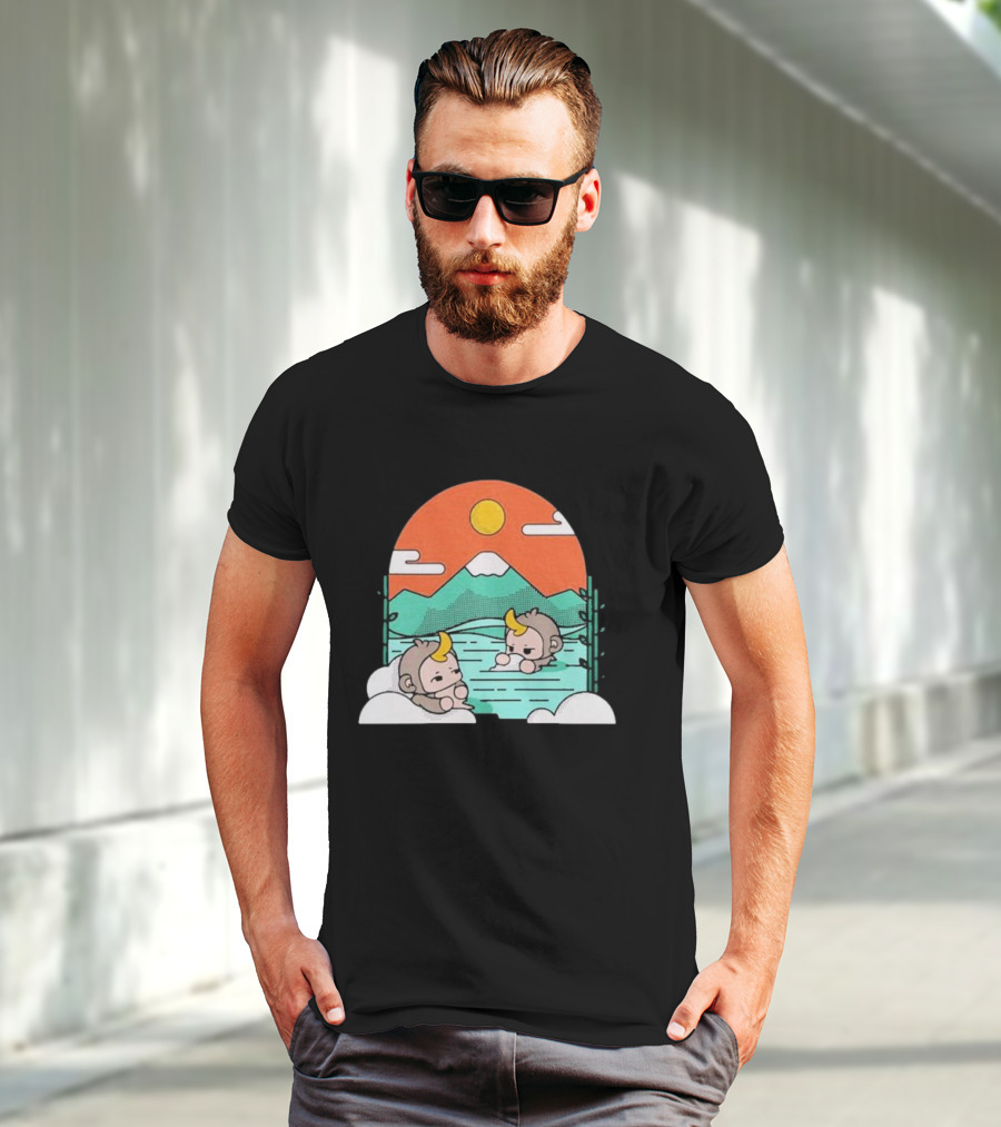 Cdawgva Tranquil Monkeys In Hot Springs With Mountains And Sunset T-Shirt