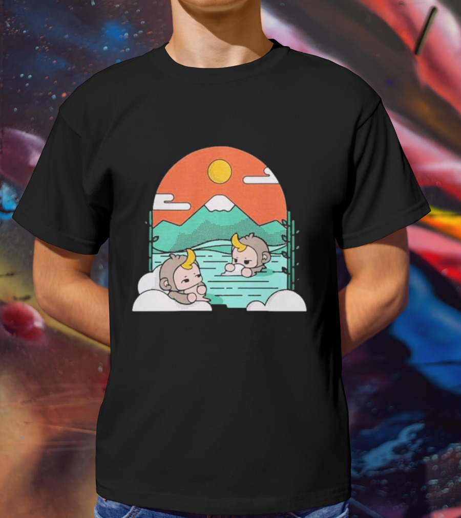 Cdawgva Tranquil Monkeys In Hot Springs With Mountains And Sunset T-Shirt