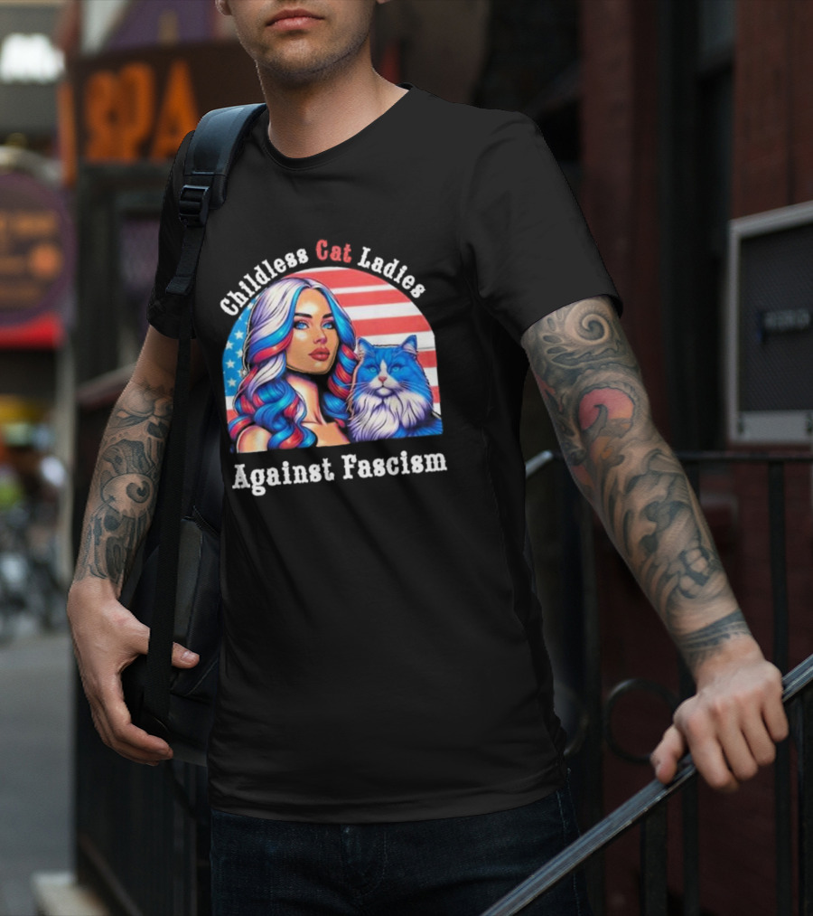 Childless Cat Ladies Against Fascism American Flag Woman And Blue Cat T-Shirt