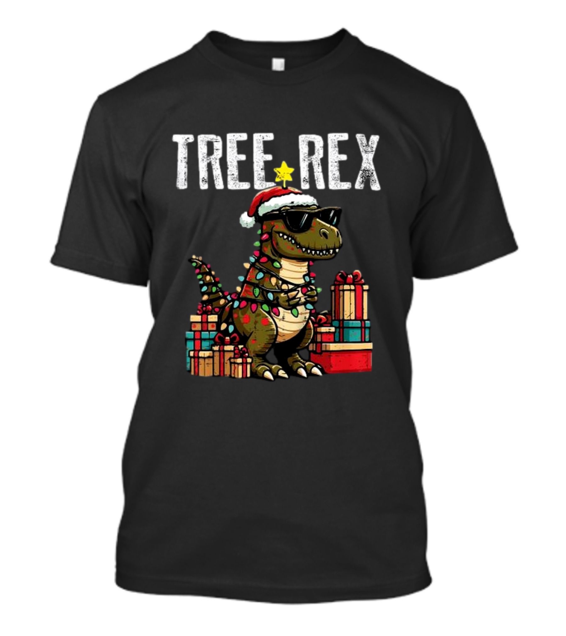 Christmas Dinosaur Tree Rex Xmas Trex Santa Hat And Presents T-Shirt