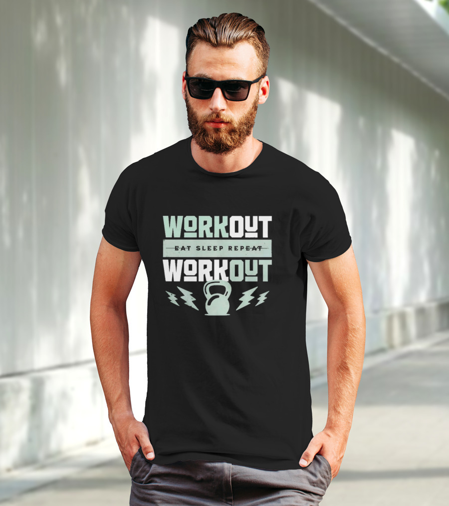 WORKOUT EAT SLEEP REPEAT WORKOUT KETTLEBELL LIGHTNING BOLTS T-Shirt
