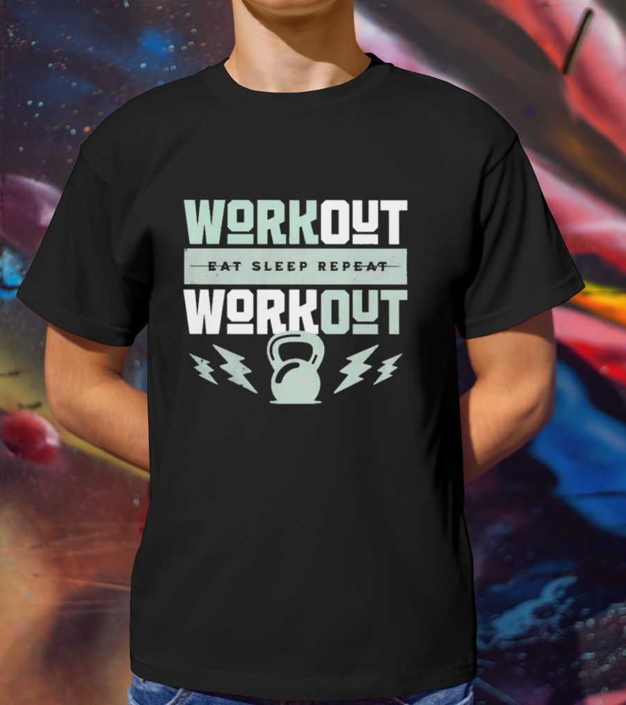 WORKOUT EAT SLEEP REPEAT WORKOUT KETTLEBELL LIGHTNING BOLTS T-Shirt