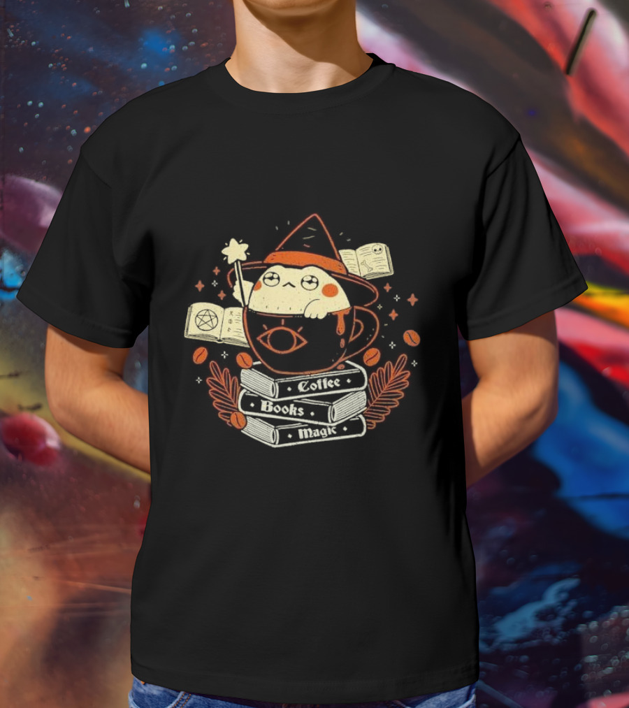 Coffee Books Magic Caffeinated Caster Wizard Tea Cup Enchantment T-Shirt
