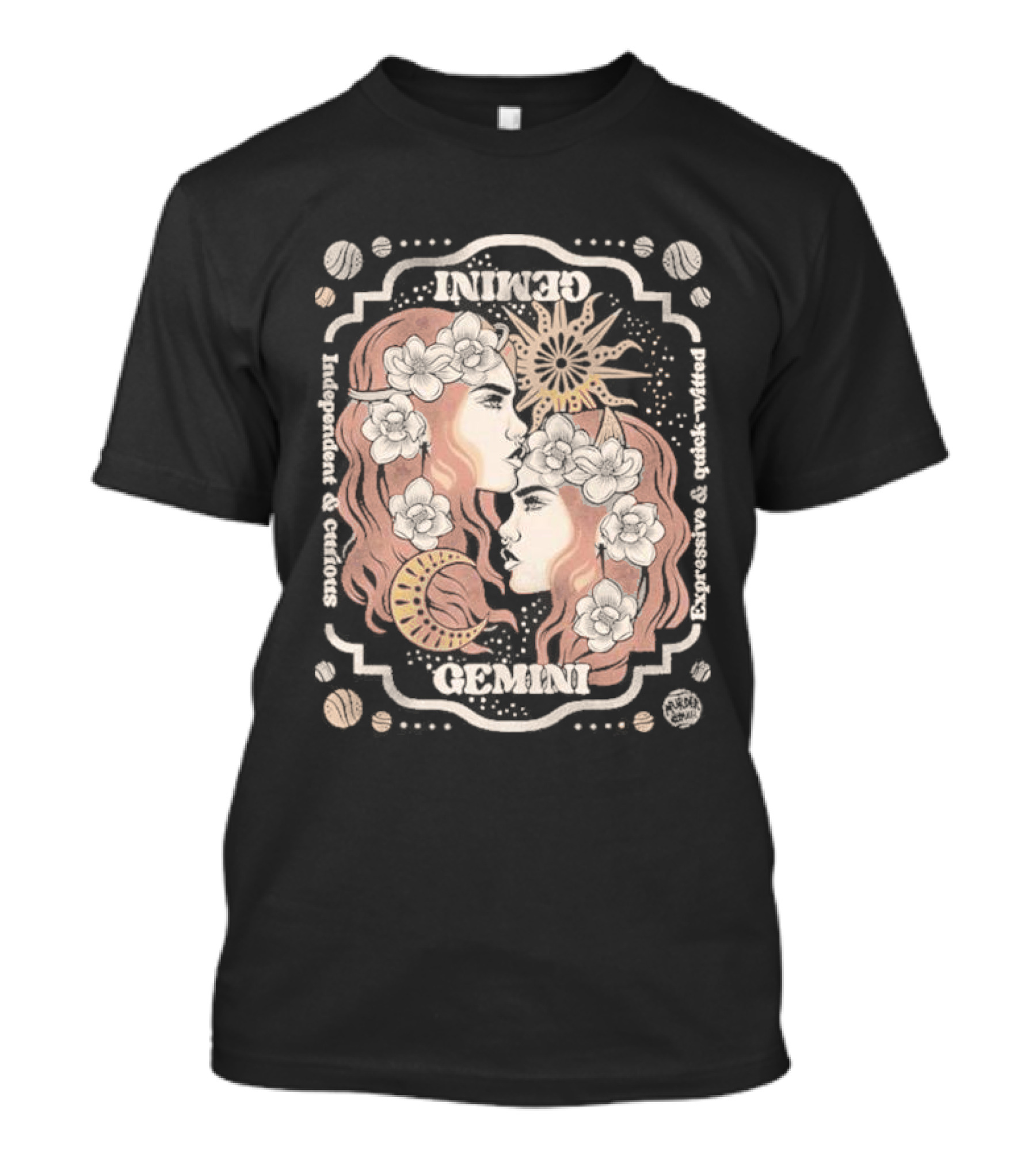 Gemini Independent Curious Expressive Quick Witted Zodiac Sun Moon Floral T-Shirt