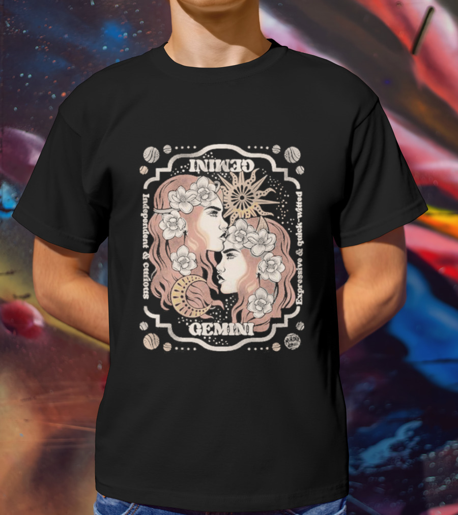 Gemini Independent Curious Expressive Quick Witted Zodiac Sun Moon Floral T-Shirt