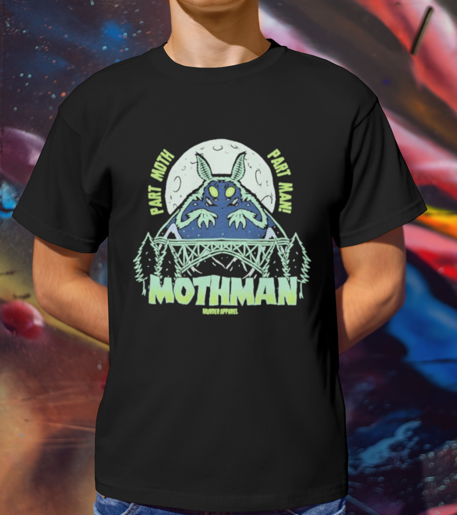 Part Moth Part Man Mothman Retro Murder Apparel Moon Bridge Forest T-Shirt