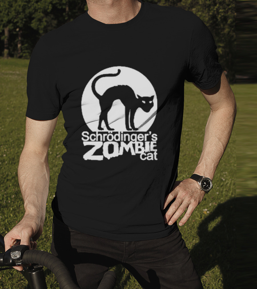 Schrodinger's Zombie Cat Black Silhouette With Round Moon Background T-Shirt