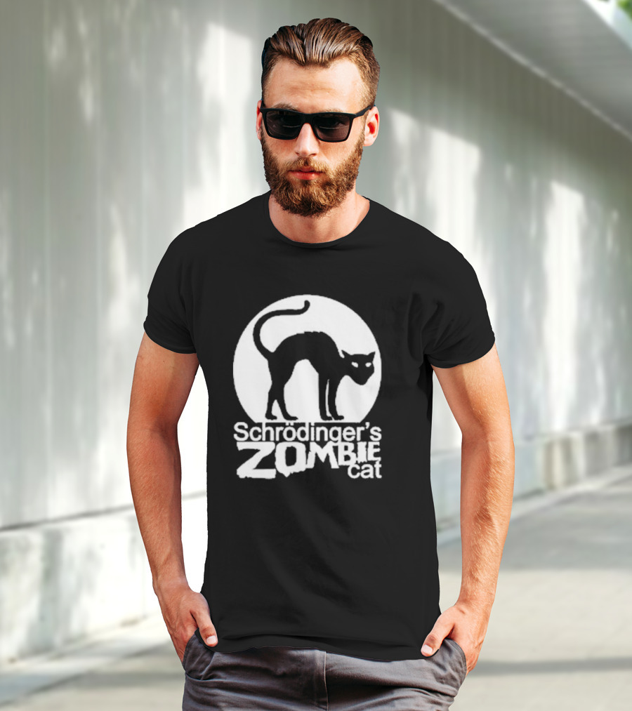 Schrodinger's Zombie Cat Black Silhouette With Round Moon Background T-Shirt