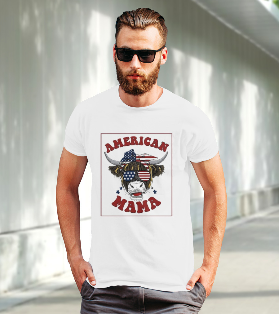 American Mama Cow Patriotic Flag Bandana And Glasses T-Shirt