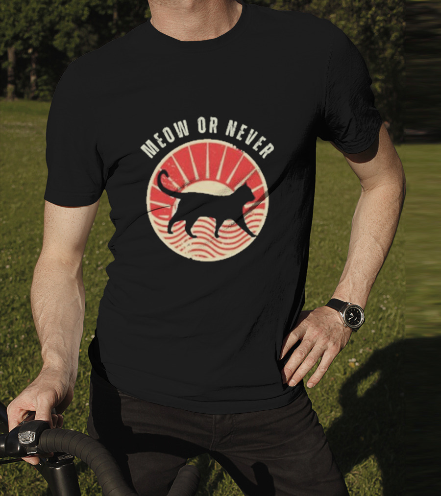 Meow Or Never Retro Sunset Cat T-Shirt