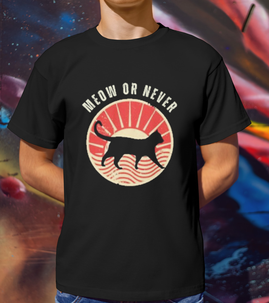 Meow Or Never Retro Sunset Cat T-Shirt