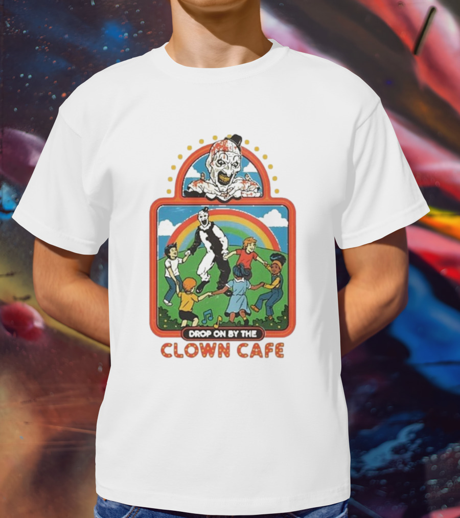 Drop On By The Clown Cafe Rainbow Clown Kids Circle T-Shirt