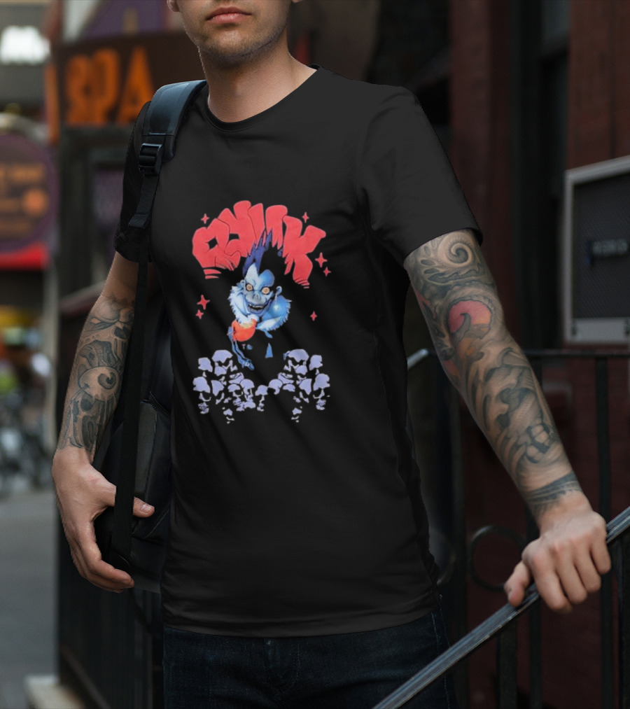 Death Note Ryuk Skull Puff Print Character With Red Spiked Lettering And Skulls T-Shirt