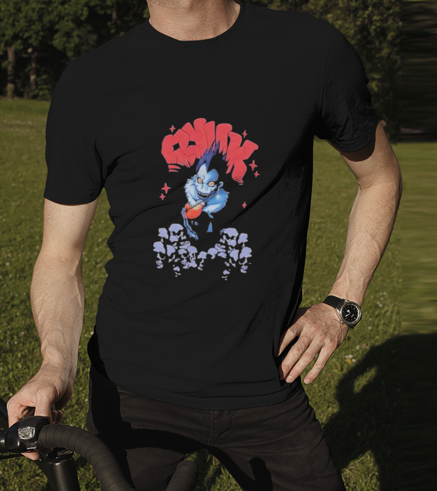 Death Note Ryuk Skull Puff Print Character With Red Spiked Lettering And Skulls T-Shirt