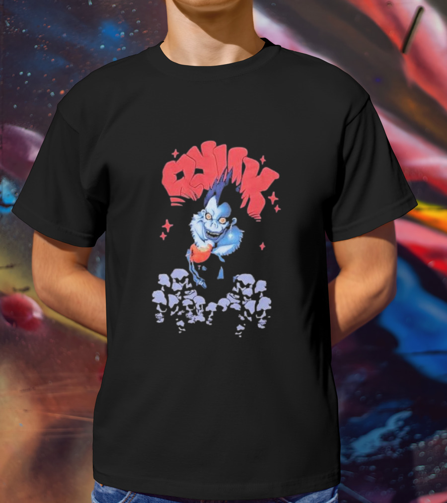 Death Note Ryuk Skull Puff Print Character With Red Spiked Lettering And Skulls T-Shirt