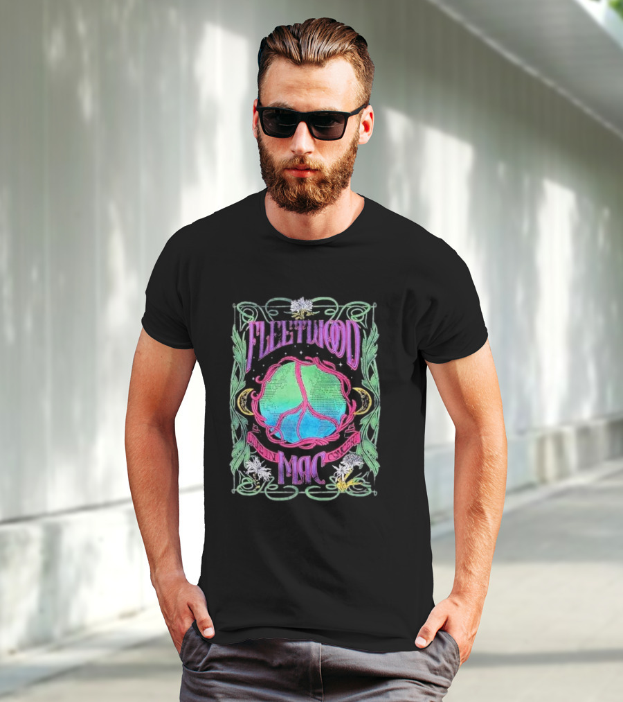 Fleetwood Mac World Peace Live Concert Graphic With Peace Symbol And Floral Motif T-Shirt