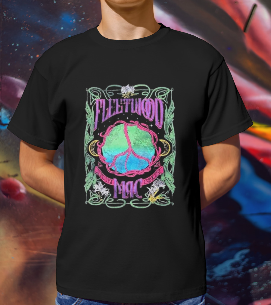 Fleetwood Mac World Peace Live Concert Graphic With Peace Symbol And Floral Motif T-Shirt