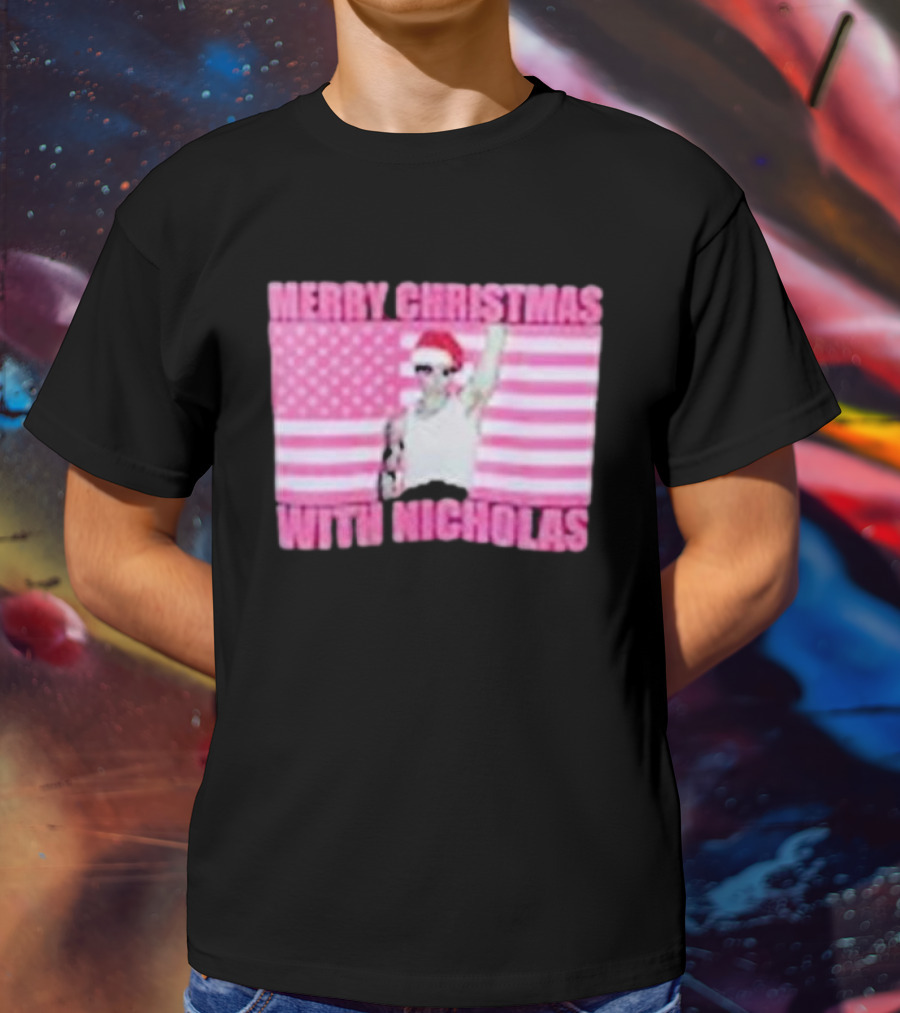 Merry Christmas With Nicholas Festive Santa Hat USA Flag T-Shirt