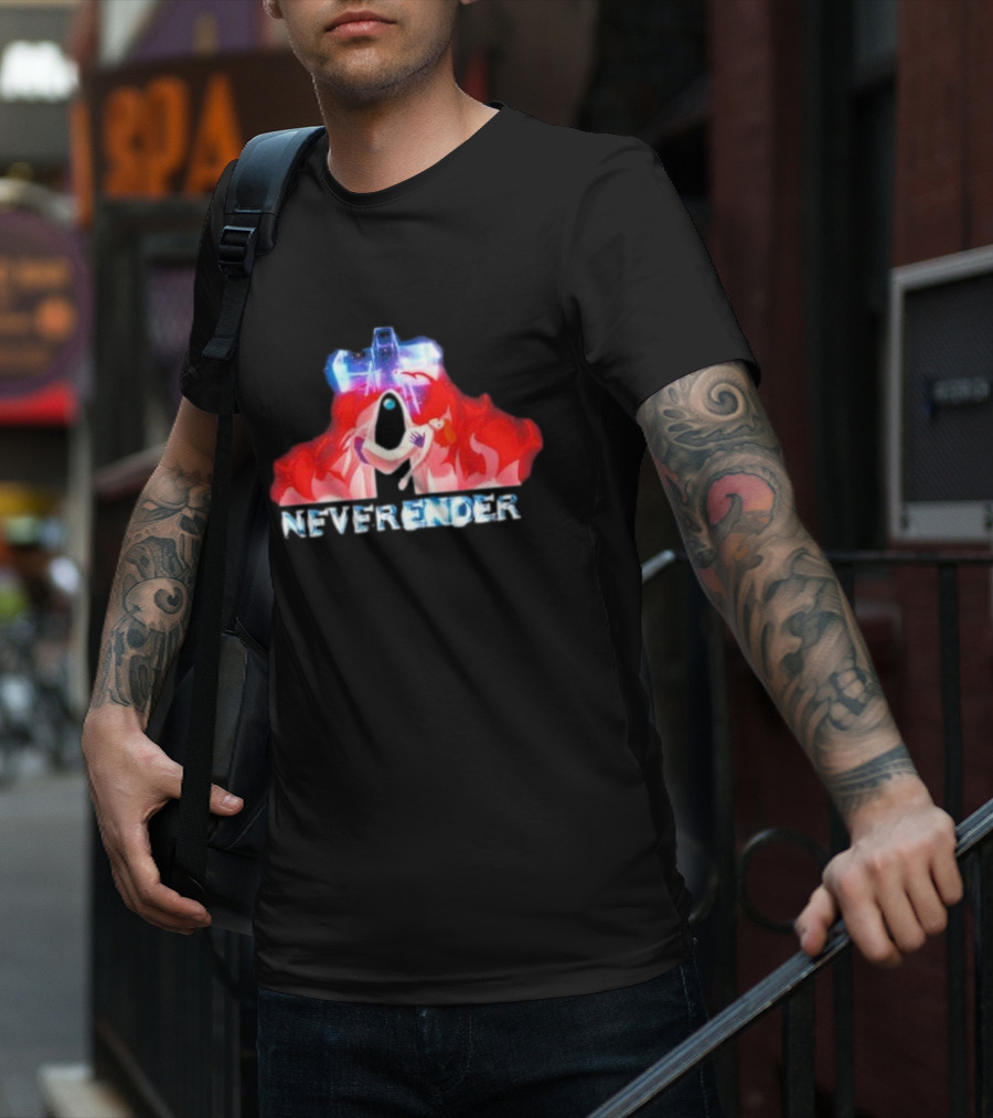 Neverender Spaceship And Mysterious Figure With Fiery T-Shirt