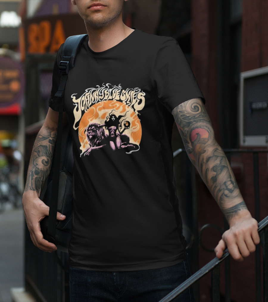 Johnny Blue Skies Sorceress With Lion Orange Background T-Shirt