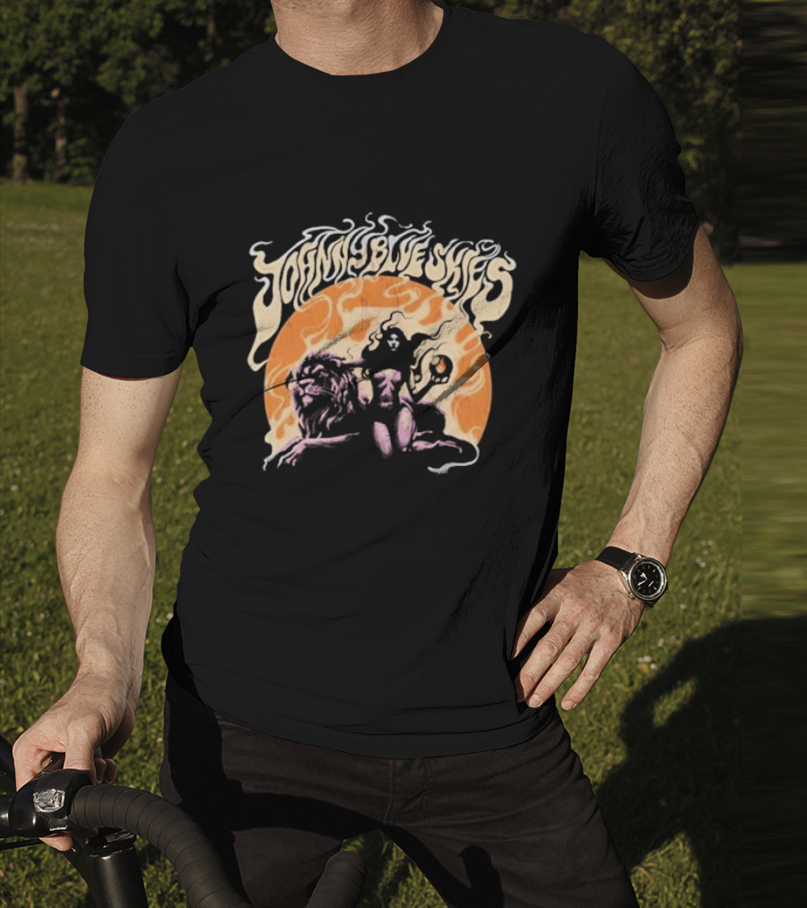 Johnny Blue Skies Sorceress With Lion Orange Background T-Shirt