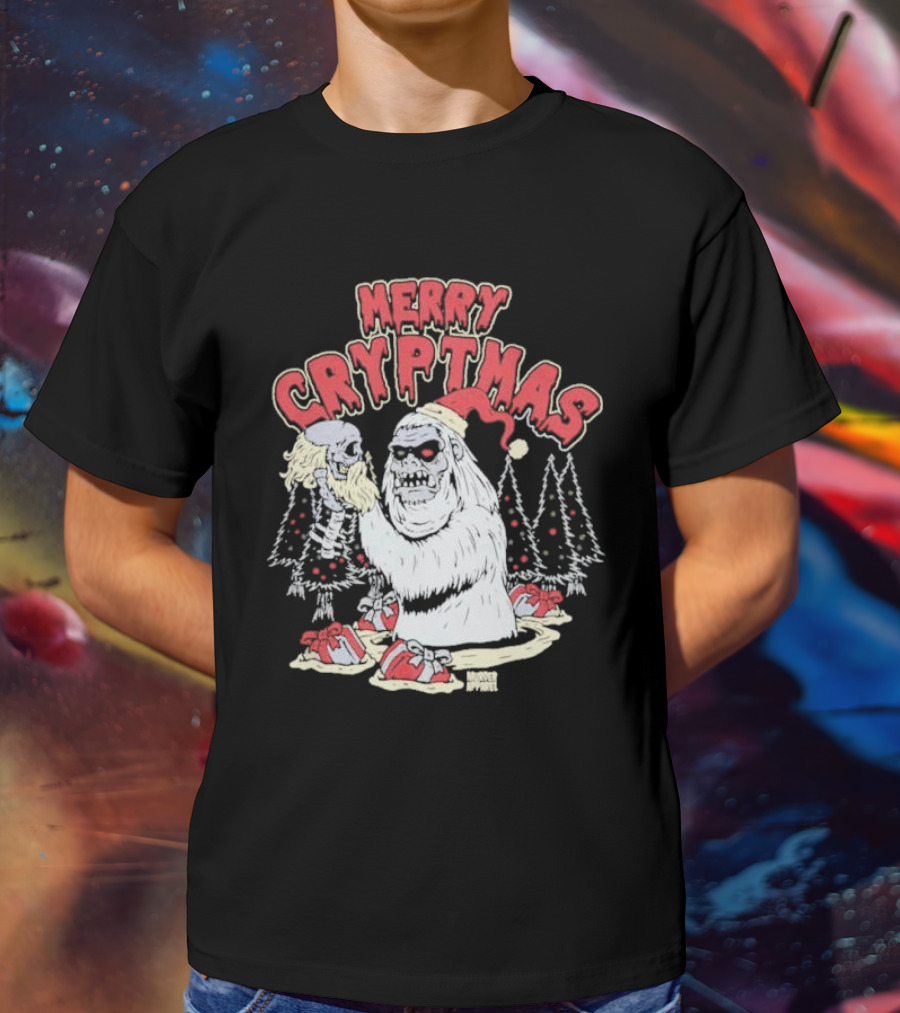 Merry Cryptmas Yeti Skull Santa Dark Humor T-Shirt