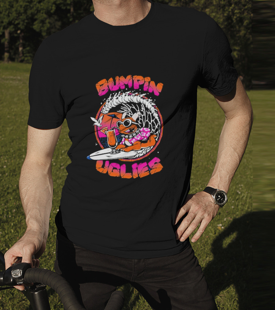 Bumpin Uglies Pug Riding Surf Wave With Cocktail And Sunglasses T-Shirt